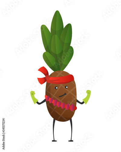 Cartoon superhero pineapple. Fruit in mask and cape, raised his hands. Cute childish cartoon character. Funny cartoon fruit in superhero costume. Logo concept of healthy diet. Vector illustration