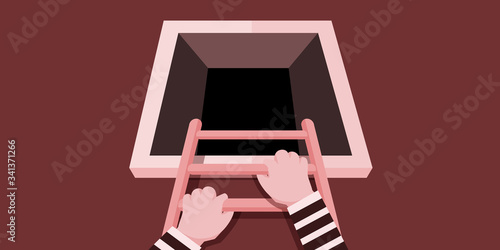 Ther thief are trying to escape and find a safe place to hide in the chimney.
Illustration about escape.