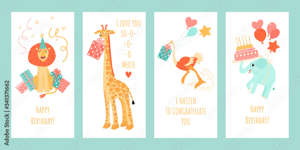 Set of greeting card templates with funny animals. Lion, giraffe, ostrich and elephant on funny birthday banners.