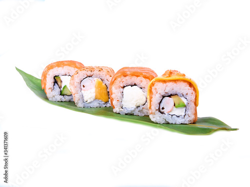 Sushi rolls row isolated on white