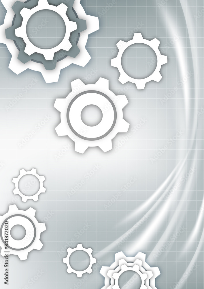 White abstract gears on a gray background with technical grid, light spot effects. Modern corporate cover design, flyer, banner, brochure, wallpaper. Vector White abstract gears on a gray background with technical grid, light spot effects. Modern corporate cover design, flyer, banner, brochure, wallpaper. Vector