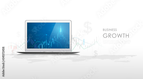 Business candle stick graph chart of stock market investment trading on tablet monitor. Bullish point, Trend of graph. Eps10 Vector illustration.