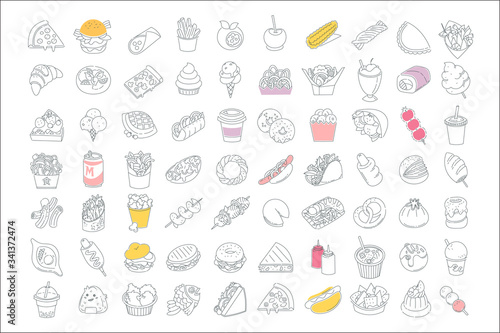 Set of line vector icons of street food and fast foods from different countries of the world. Images are adjustable and resizable.