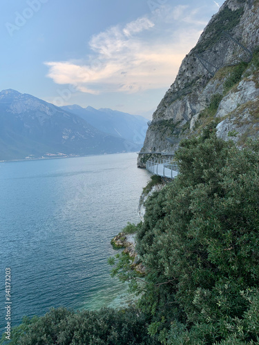 Terraced bike path over Lake Garda. Ciclopista del Garda. Limone sul Garda, Italy