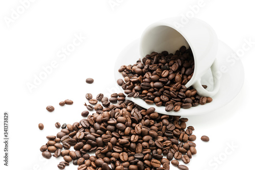 Coffee beans in a coffee cup isolated on white background.