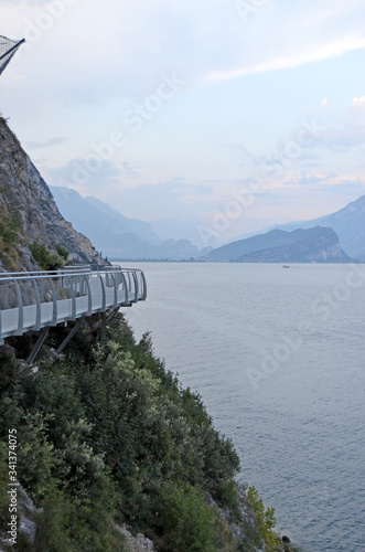Terraced bike path over Lake Garda. Ciclopista del Garda. Limone sul Garda, Italy
