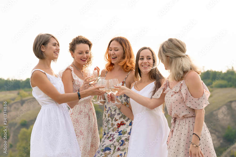 The company of female friends enjoys a summer picnic and raise glasses with wine The company of female friends enjoys a summer picnic and raise glasses with wine