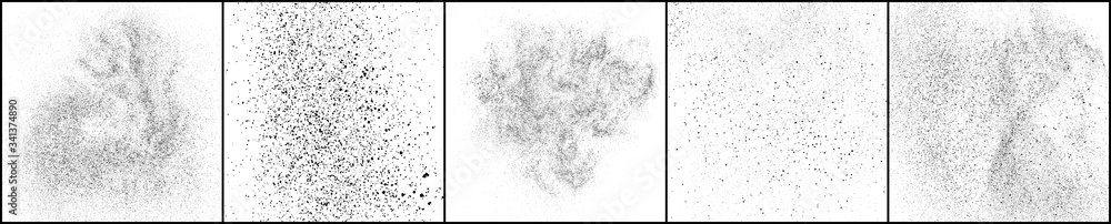 Set of distressed black texture. Dark grainy texture on white background. Dust overlay textured. Grain noise particles. Rusted white effect. Square shape backdrop. Vector illustration, EPS 10.