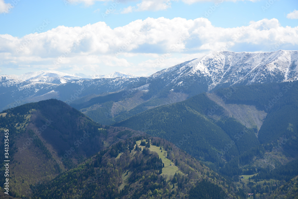 Donovaly, Slovakia - May 10, 2019:  Beautiful view from the top of the mountains in the late spring