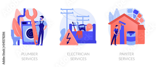 Home maintenance and improvement metaphors. Plumbing services, electrician, apartment painting. Plumbers, electricity engineer, painter workers. Vector isolated concept metaphor illustrations.
