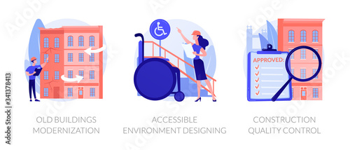 Buildings reconstruction metaphors. Old exterior modernization, accessible environment designing, construction quality control. Architect planning. Vector isolated concept metaphor illustrations.
