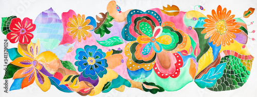 Photography floral ornament hand-drawn on batik silk scarf