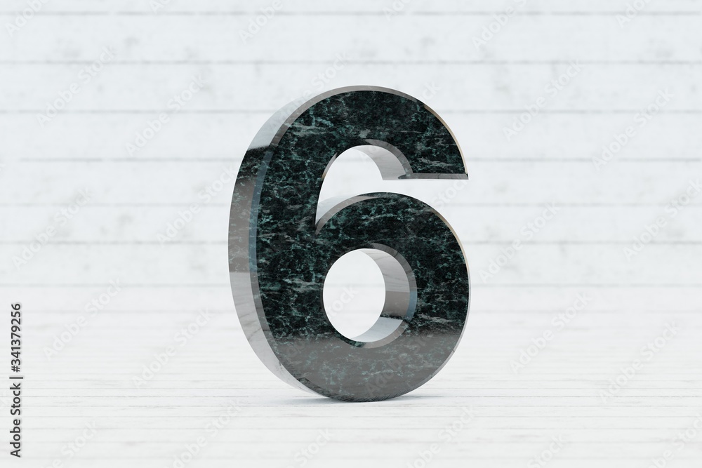 Marble 3d number 6. Dark green marble number on white wood background. 3d render. Marble 3d number 6. Dark green marble number on white wood background. 3d render.