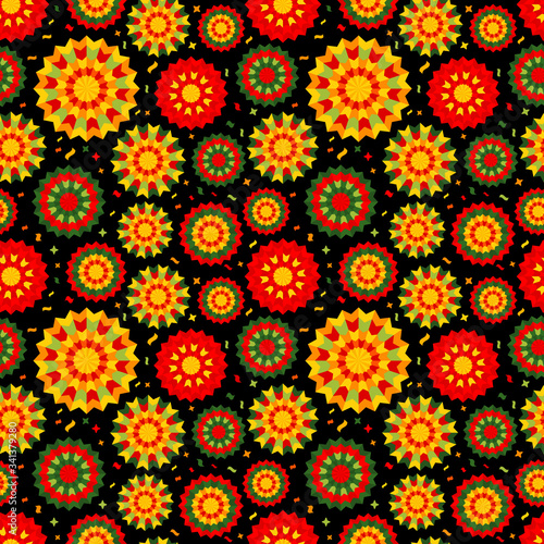 Abstract background seamless pattern with ethnic ornament on black. Element with mexican pattern. Template for greeting card, invitation, poster,surface. Vector file celebrate illustration.