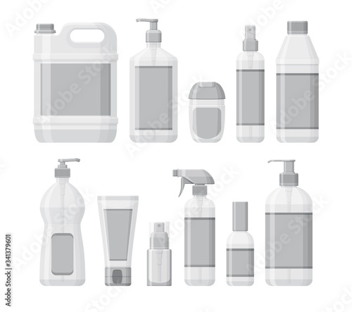 Set of bottles with antiseptic and hand sanitizer. Washing gel and spray. Personal protective equipment during epidemic. Mockup containers for liquids