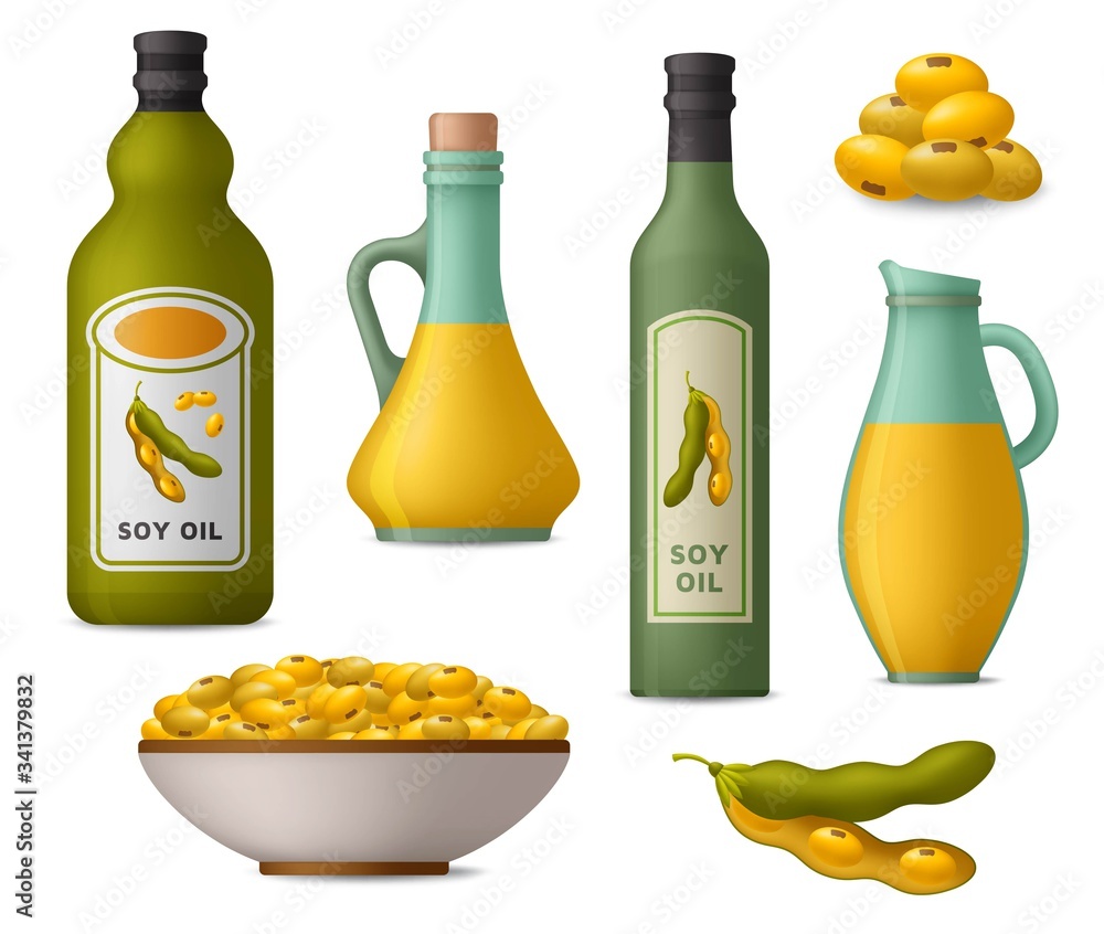 Soy oil and soy beans icons set Soy oil and soy beans icons set