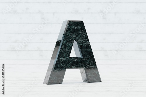 Marble 3d letter A uppercase. Dark green marble letter on white wood background. 3d render.