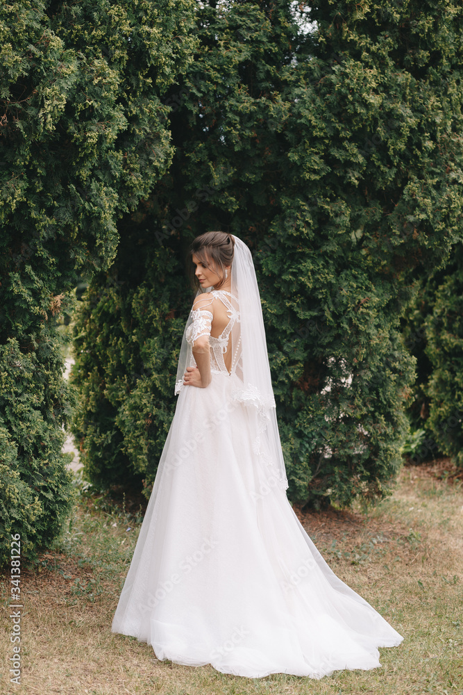 portrait of a bride with flowers in a beautiful full-length wedding dress, young brunette, tender photo wedding portrait