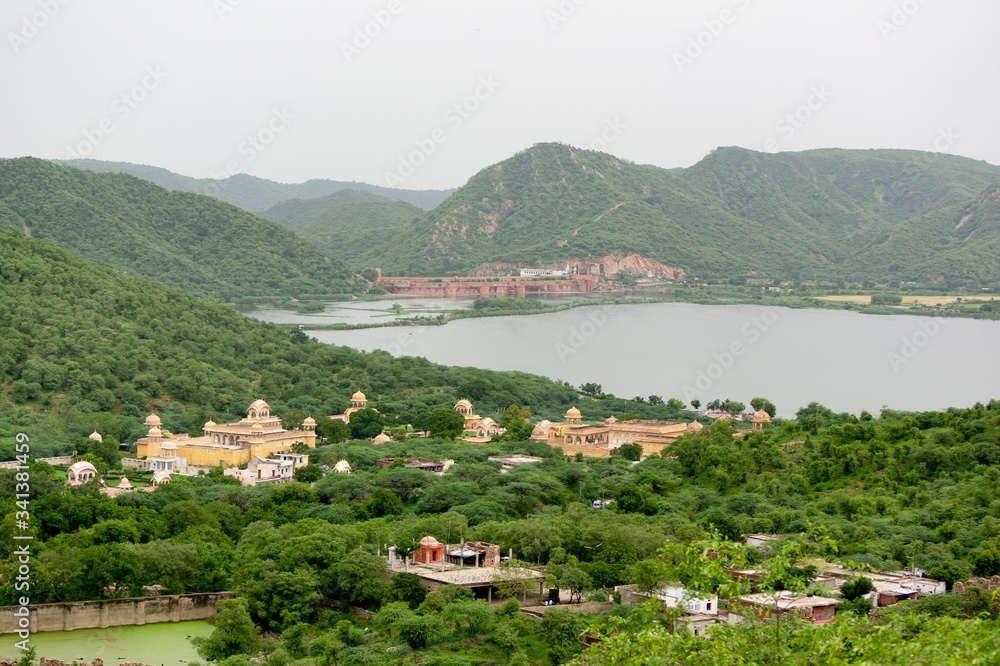 Landscape of Man Sagar lake with Hanuman Temple and Govind Devji near Jaipur, India