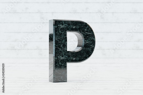 Marble 3d letter P uppercase. Dark green marble letter on white wood background. 3d render.
