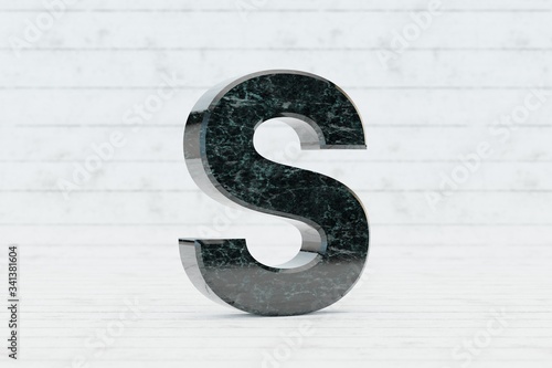 Marble 3d letter S uppercase. Dark green marble letter on white wood background. 3d render.