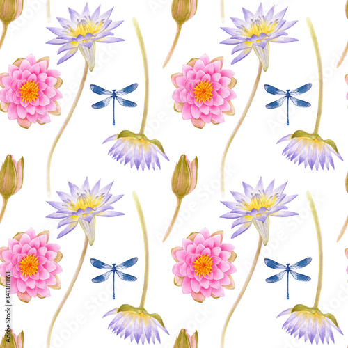 Seamless pattern with colorful water lilies and dragonflies. Watercolor with pink flowers for background, texture, wrapper pattern, web design. photo