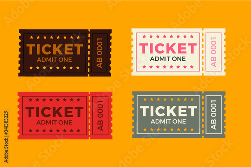 Ticket icon vector illustration in the flat style. Ticket stub isolated on a background. Retro cinema or movie tickets.