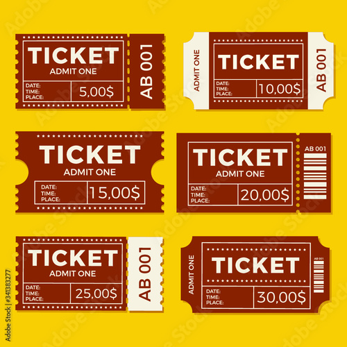 Ticket icon vector illustration in the flat style. Ticket stub isolated on a background. Retro cinema or movie tickets.