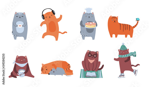 Cute cats flat icon kit. Fluffy feline characters sitting, sleeping, dancing, playing, reading, drinking isolated vector illustration collection. Domestic animals and pets concept