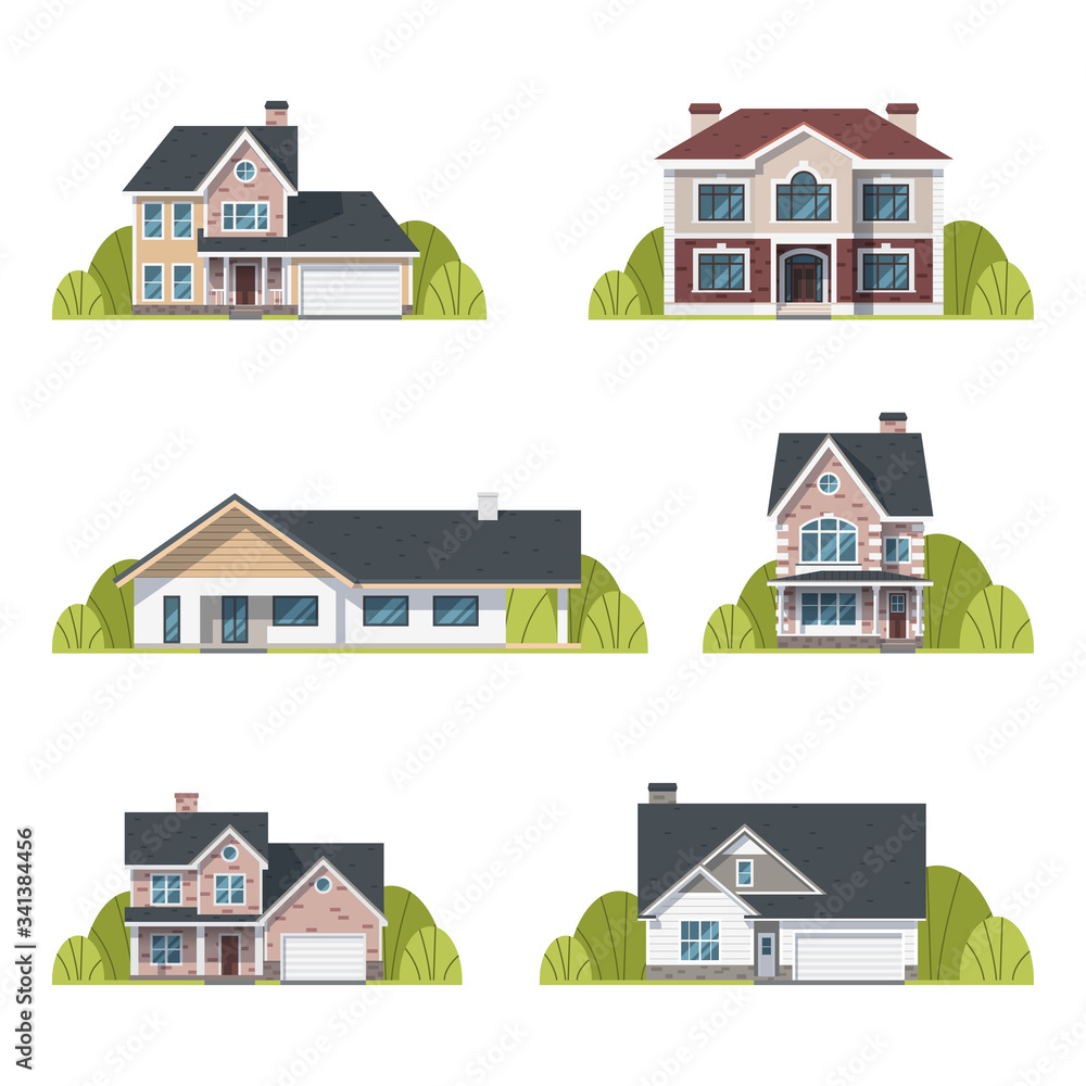 Houses set. Suburban houses exterior flat design front view with roof and some trees. Collection of classic and modern houses isolated on the white background. Vector Illustration