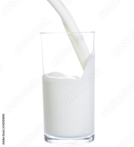 pouring milk in glass isolated on white background