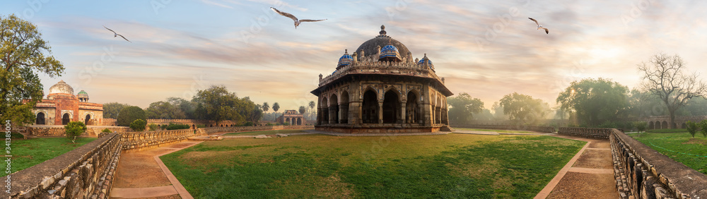 Fototapeta premium Isa Khan's Tomb Panorama, Humayun's Tomb Complex, India, Delhi