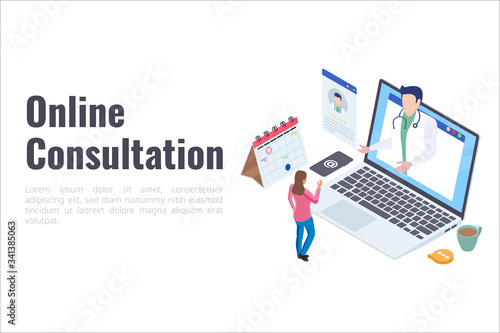 Woman do online consultation to a doctor from laptop device with user rating information. Online Medical consultation header concept for Website, Header, Home Page. Isometric illustration. - Vector