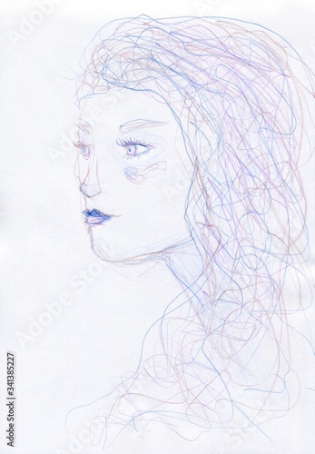Blue and violet lines profile portrait of abstract woman with long hair looking away 