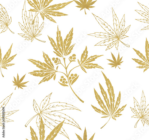 Pattern with golden plants and cannabis leaves on a white background.