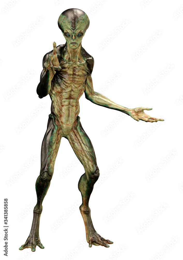 3D Rendering Green Alien on White