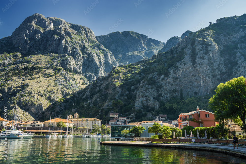 Sunny morning panoramic view of Kotor bay near old town, Montenegro.