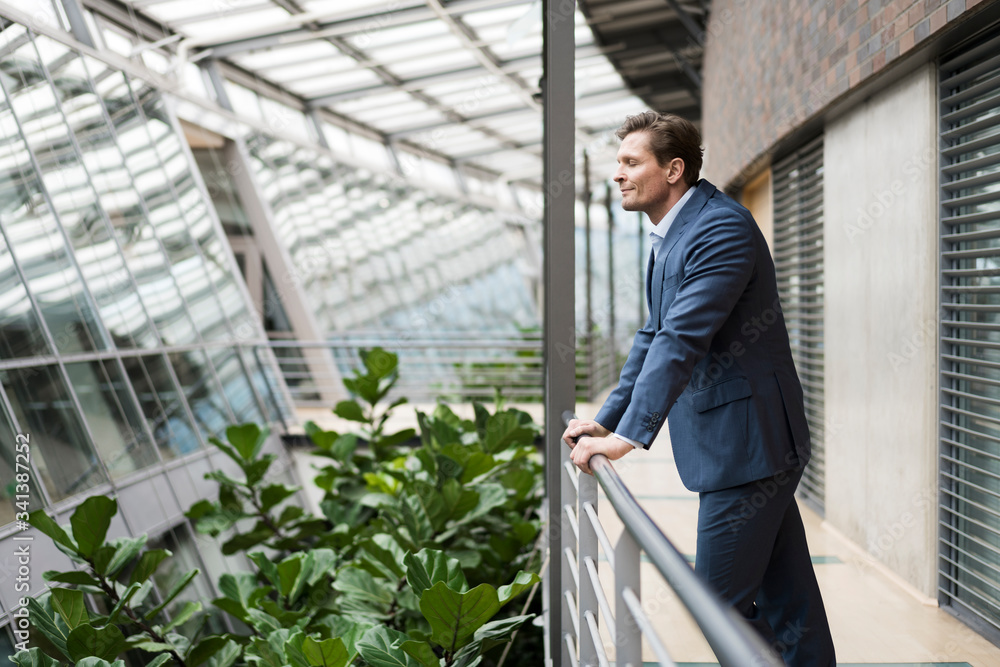 Businessman standing on gallery, enjoying green plants in atrium Businessman standing on gallery, enjoying green plants in atrium