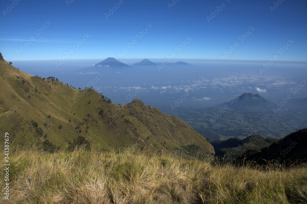 Landscape view from the merbabu mountain hiking trail. Central Java/Indonesia.