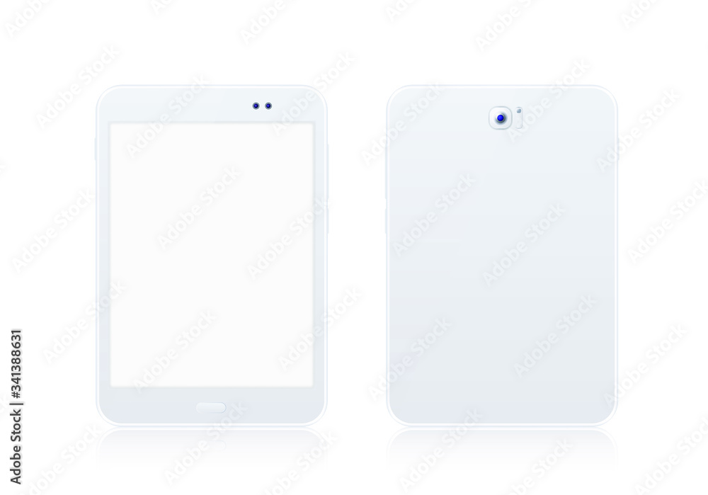 Realistic White Tablet and White Smartphone Mock Up with Blank Screen on White Background . Isolated Vector Elements