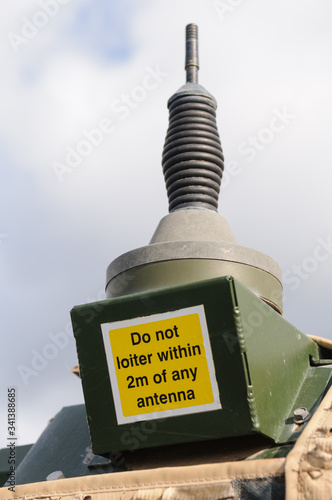 Принти на полотні Warning on a military vehicle Do not loiter within 2m of any antenna