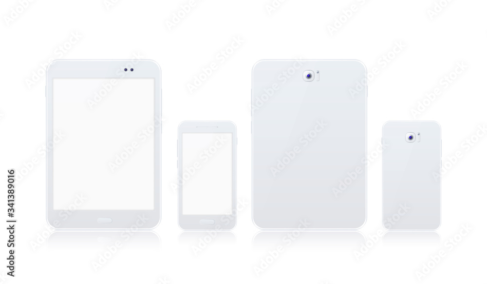 Realistic White Tablet and White Smartphone Mock Up with Blank Screen on White Background . Isolated Vector Elements Realistic White Tablet and White Smartphone Mock Up with Blank Screen on White Background . Isolated Vector Elements