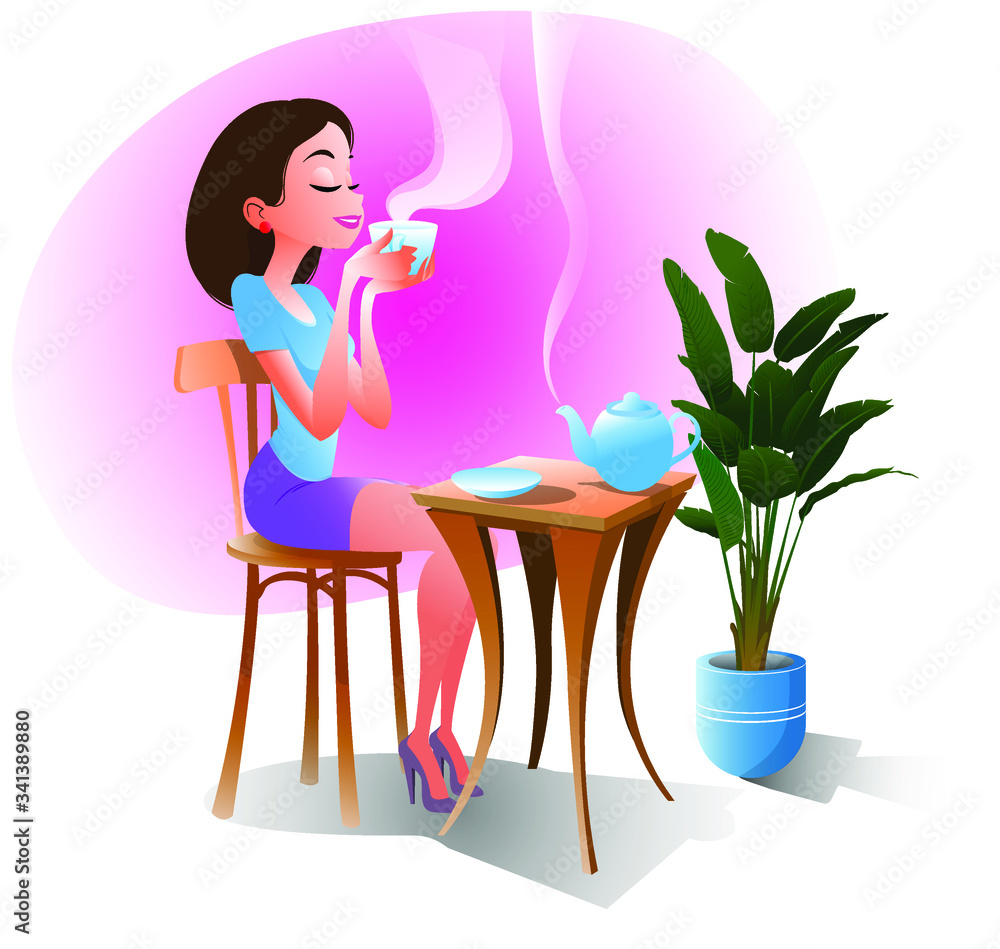 Beautiful girl is drinking hot tea. A young woman sits on a chair with a cup of a hot drink, a fart table with a saucer and a teapot.Vector illustration Beautiful girl is drinking hot tea. A young woman sits on a chair with a cup of a hot drink, a fart table with a saucer and a teapot.Vector illustration