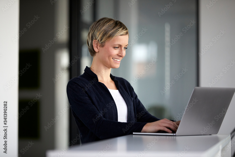 Smiling businesswoman using laptop in office Smiling businesswoman using laptop in office