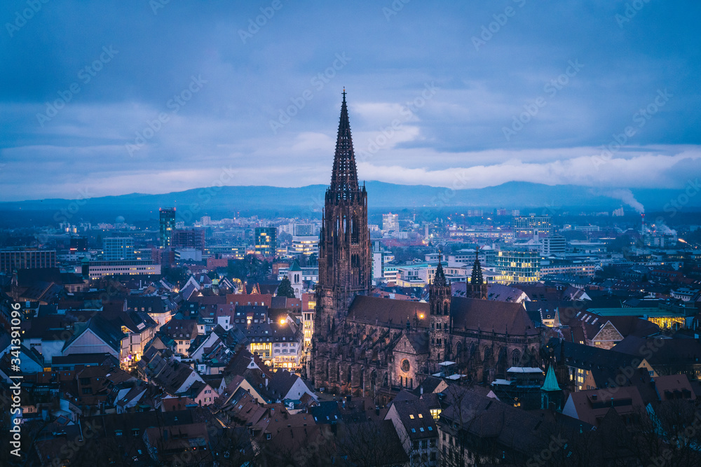 Vista della città di Friburgo all'ora blu