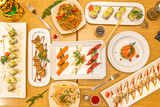 overhead shot of Japanese food dishes