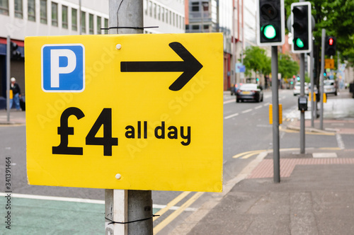 Sign indicating that NCP car parking is available for £4 per day