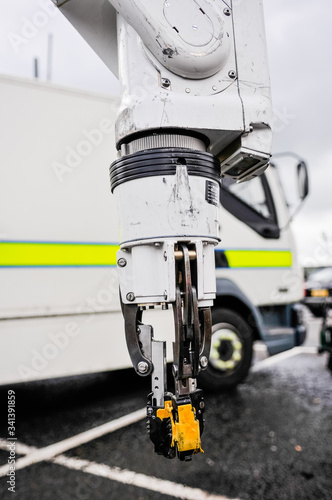 Pincer grip on an "Andros" remote controlled vehicle (robot), used by the bomb squad for defusing IEDs and suspect devices.