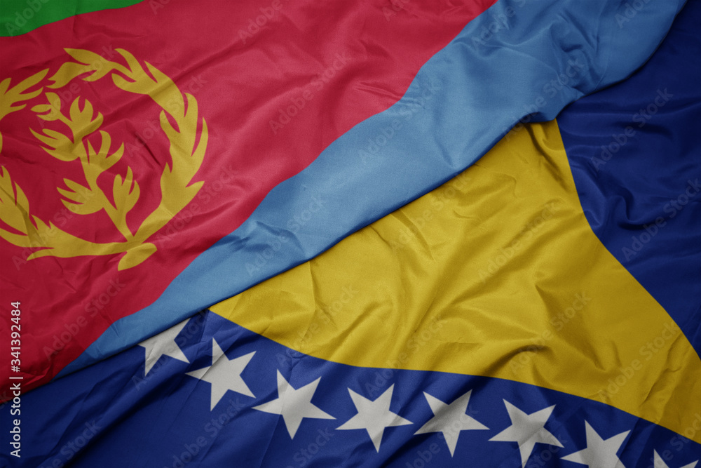 waving colorful flag of bosnia and herzegovina and national flag of eritrea. waving colorful flag of bosnia and herzegovina and national flag of eritrea.