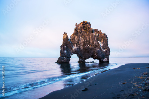 Obraz na płótnie Beautiful dramatic landscape with extraordinary rock formation Hvitserkur on Vatnsnes peninsula in North-West Iceland. Exotic countries. Amazing places. w salonie